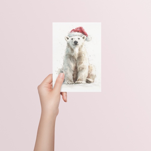 Watercolor Polar Bear with Red Scarf Portrait Wall Art Print Poster, Unframed - Picture 5 of 5